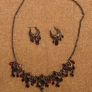 Silver and ruby necklace and earrings set